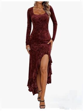 Women's Square Neck Long Sleeve Maxi Dress Floral Bodycon Dress Size Medium